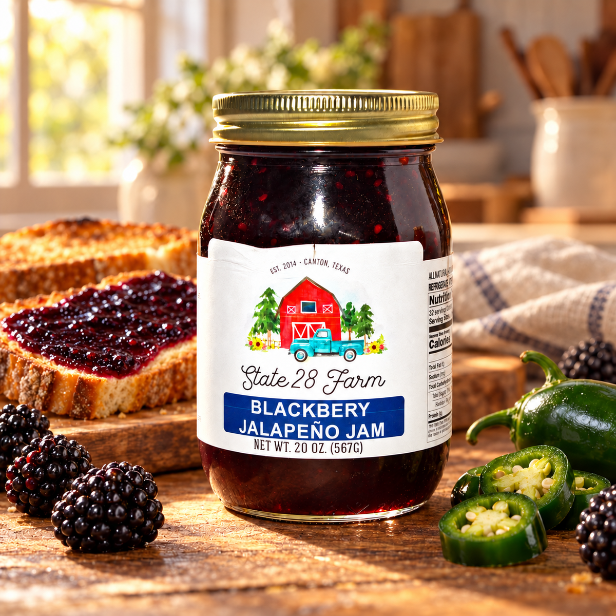 State 28 Farm Blackberry Jalapeño Jam 20 oz jar with blackberries, jalapeños, and toast