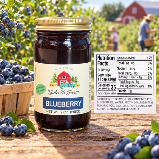 STATE 28 FARM  NO SUGAR ADDED BLUEBERRY JAM 9 OZ