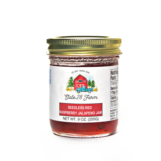 STATE 28 FARM SEEDLESS RED RASPBERRY JALAPENO JAM 9 OZ